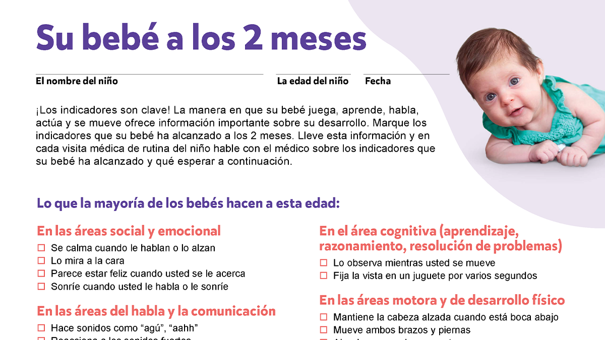 Lista de verificación de los indicadores del desarrollo "Su bebé a los 2 meses".