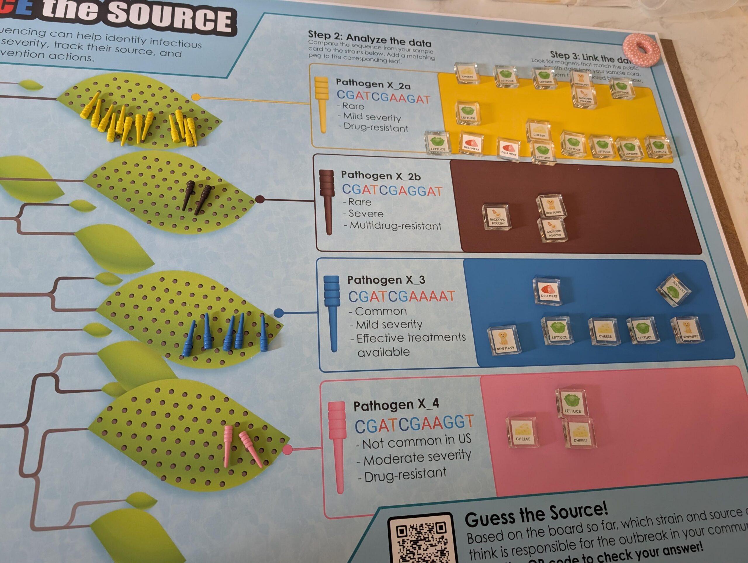 A game board showing the primary strain in the community was Pathogen X_2a and the most common item was lettuce.