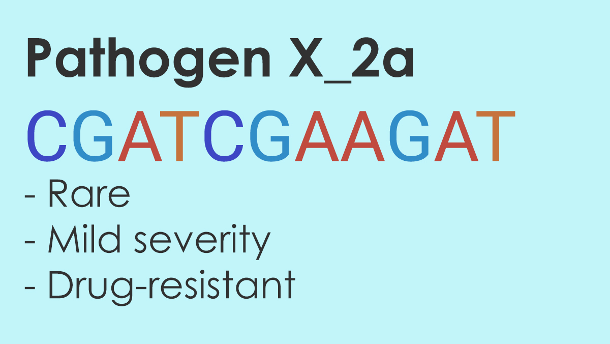 Chart of Pathogen x_2a for Sequencing game. Gene strand "CGATCGAAGAT," pathogen characteristics, and a yellow peg.
