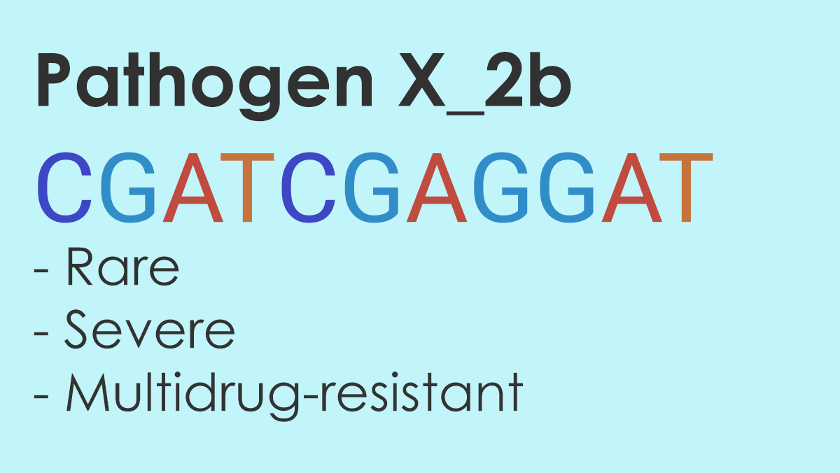 Chart of Pathogen x_2b for Sequencing game. Gene strand "CGATCGAGGAT," pathogen characteristics, and a brown peg.