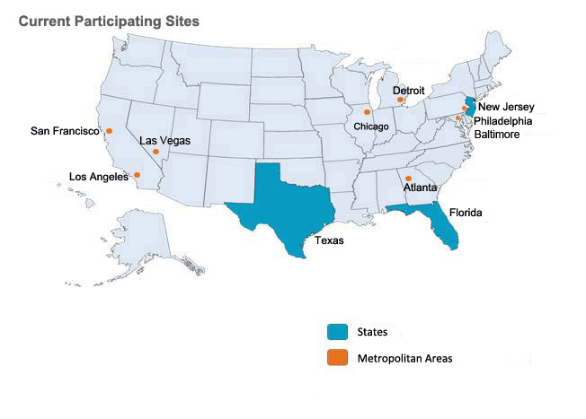 map of the United States with participating State-Metro ALS Surveillance sites