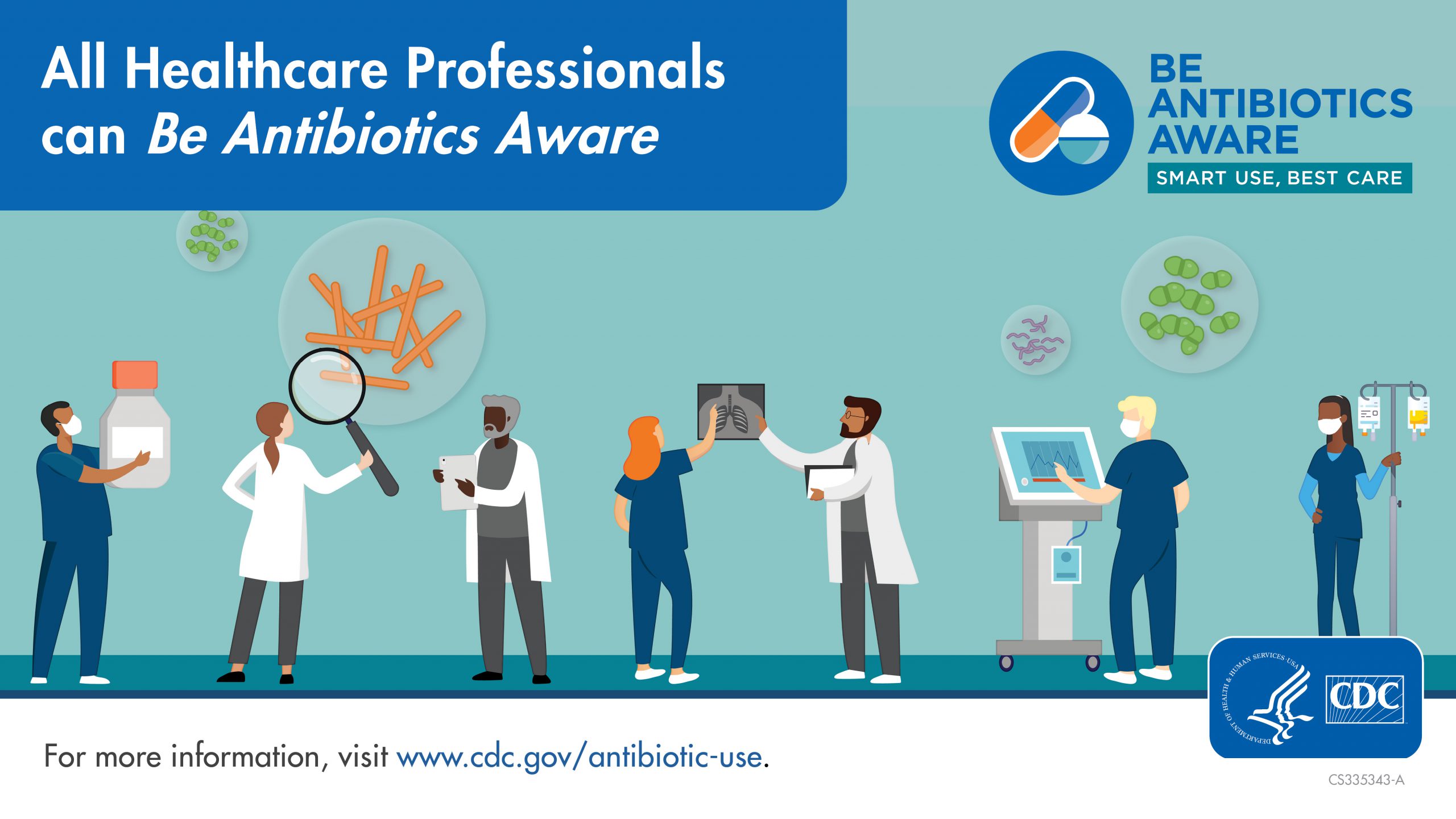 Various healthcare professionals (pharmacist, technicians, doctor, physicians assistant, nurse) pictured with the banner: All Healthcare Professionals can Be Antibiotics Aware. For more information, visit www.cdc.gov/antibiotic-use