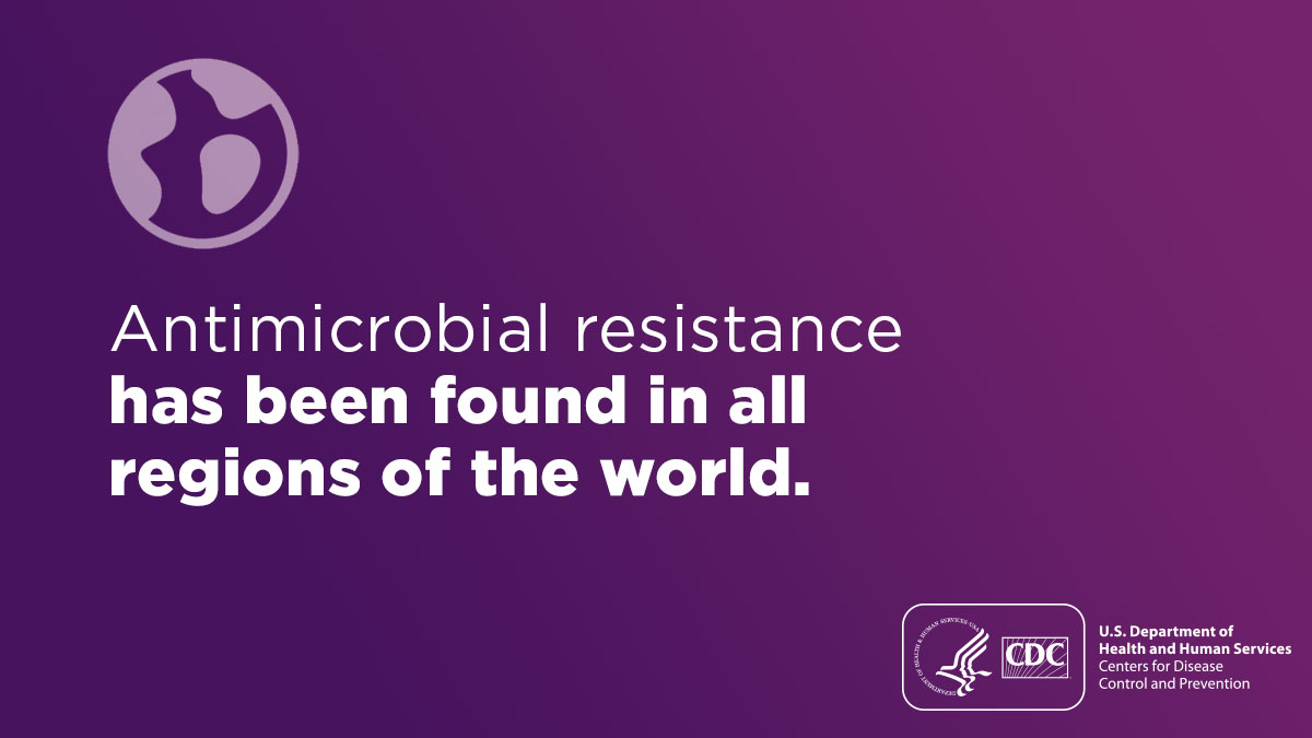 Image for X (formerly Twitter) on purple background with a world icon. Text reads antimicrobial resistance has been found in all regions of the world.