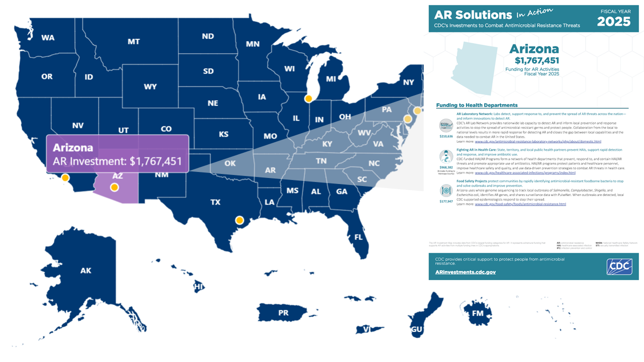 Map of the U.S., with a factsheet containing antimicrobial resistance funding information for the state of Arizona.