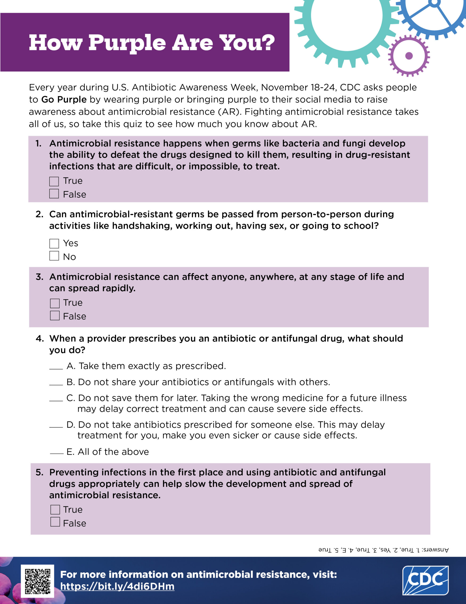 Antimicrobial resistance quiz to share during USAAW to bring awareness to antimicrobial resistance.
