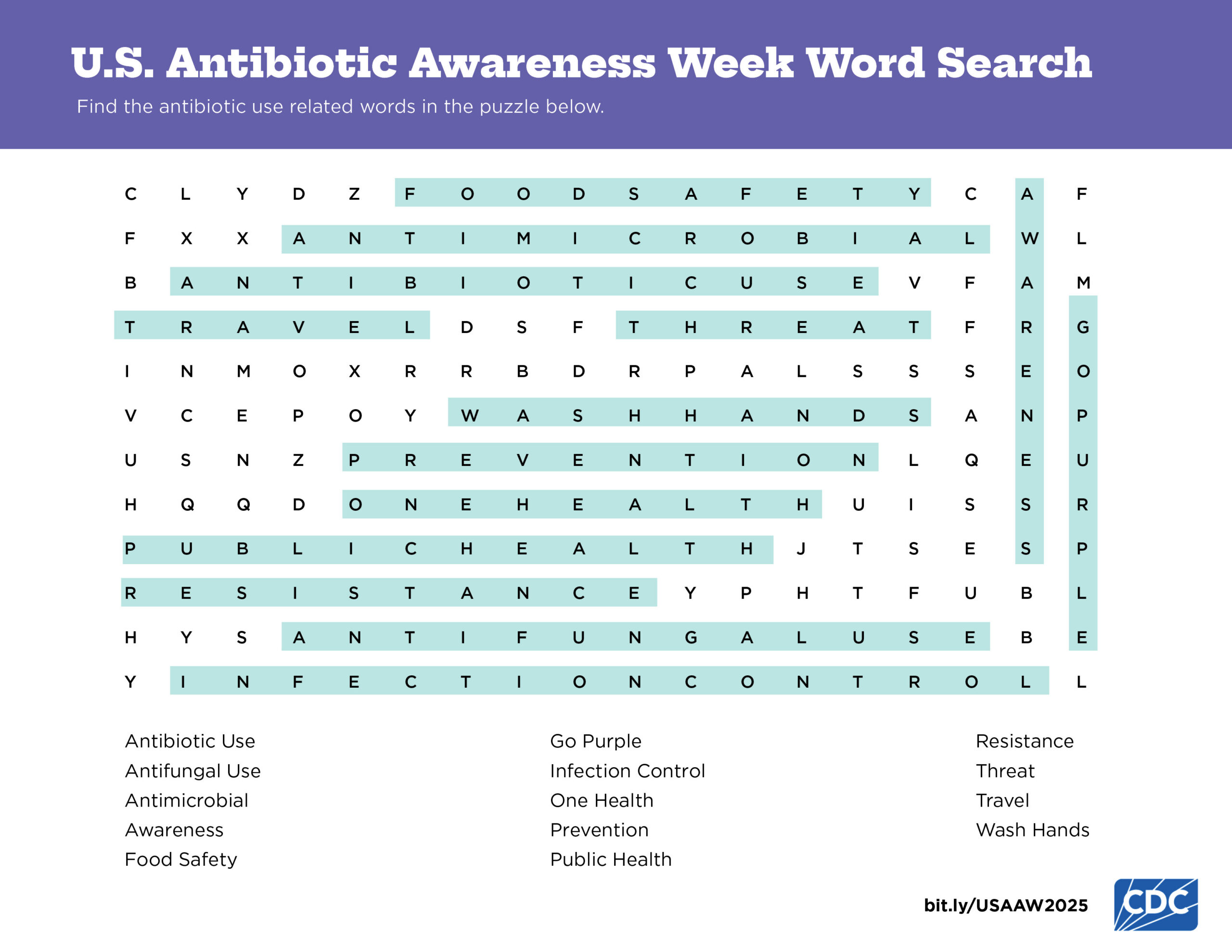 The key to the word search activity to share during USAAW to bring awareness to antimicrobial resistance.