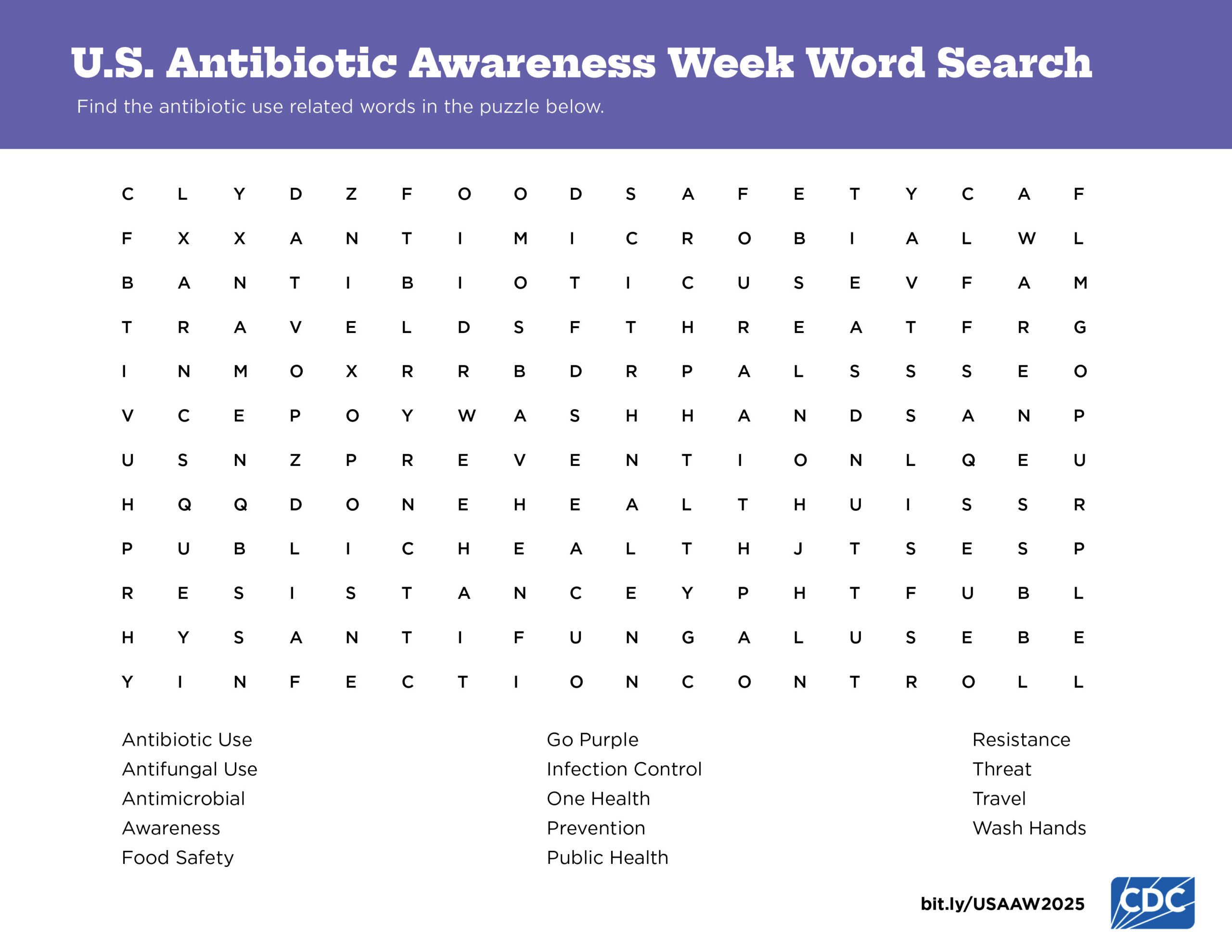 Word search activity to share during USAAW to bring awareness to antimicrobial resistance.