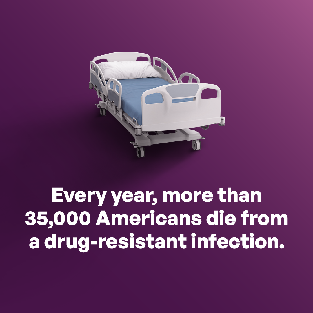 A hospital bed centered on the image. Every year, more than 35,000 Americans die from a drug-resistant infection.