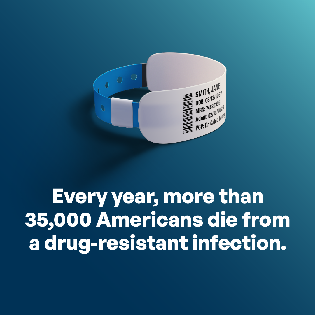 A hospital wristband centered on the page. Every year, more than 35,000 Americans die from a drug-resistant infection.
