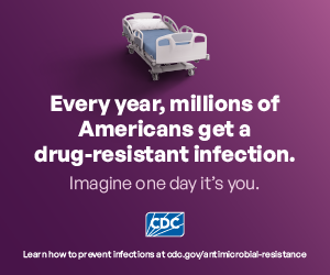 Hospital bed on center of page. Every year, millions of Americans get a drug-resistant infection.