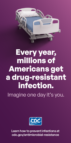 Hospital bed on center of page. Every year, millions of Americans get a drug-resistant infection.