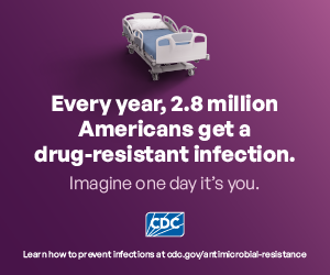 Hospital bed on center of page. Every year, 2.8 million Americans get a drug-resistant infection.
