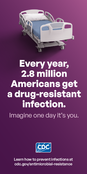 Hospital bed on center of page. Every year, 2.8 million Americans get a drug-resistant infection.