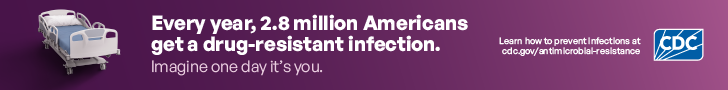 Hospital bed on center of page. Every year, 2.8 million Americans get a drug-resistant infection.