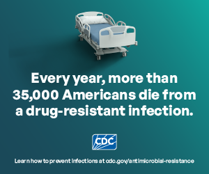 Hospital bed on center of page. Every year, more than 35,000 Americans die from a drug-resistant infection.