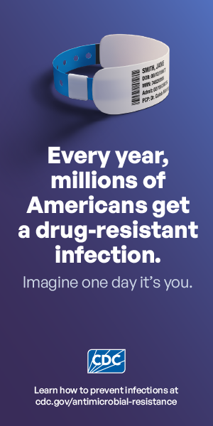 Wristband on center of page. Every year, millions of Americans get a drug-resistant infection.