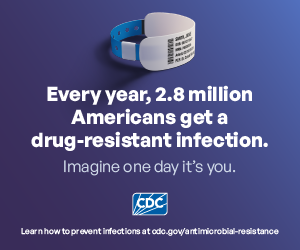 Wristband on center of page. Every year, 2.8 million Americans get a drug-resistant infection.