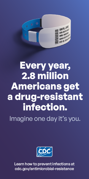 Wristband on center of page. Every year, 2.8 million Americans get a drug-resistant infection.