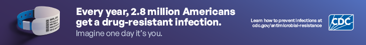 Wristband on center of page. Every year, 2.8 million Americans get a drug-resistant infection.