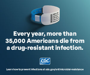 Wristband on center of page. Every year, more than 35,000 American die from a drug-resistant infection.