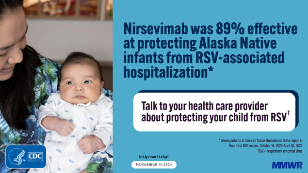 Mother holding an infant. Text highlights that Nirsevimab was 89% effective at protecting Alaska Native infants from RSV-associated hospitalization.