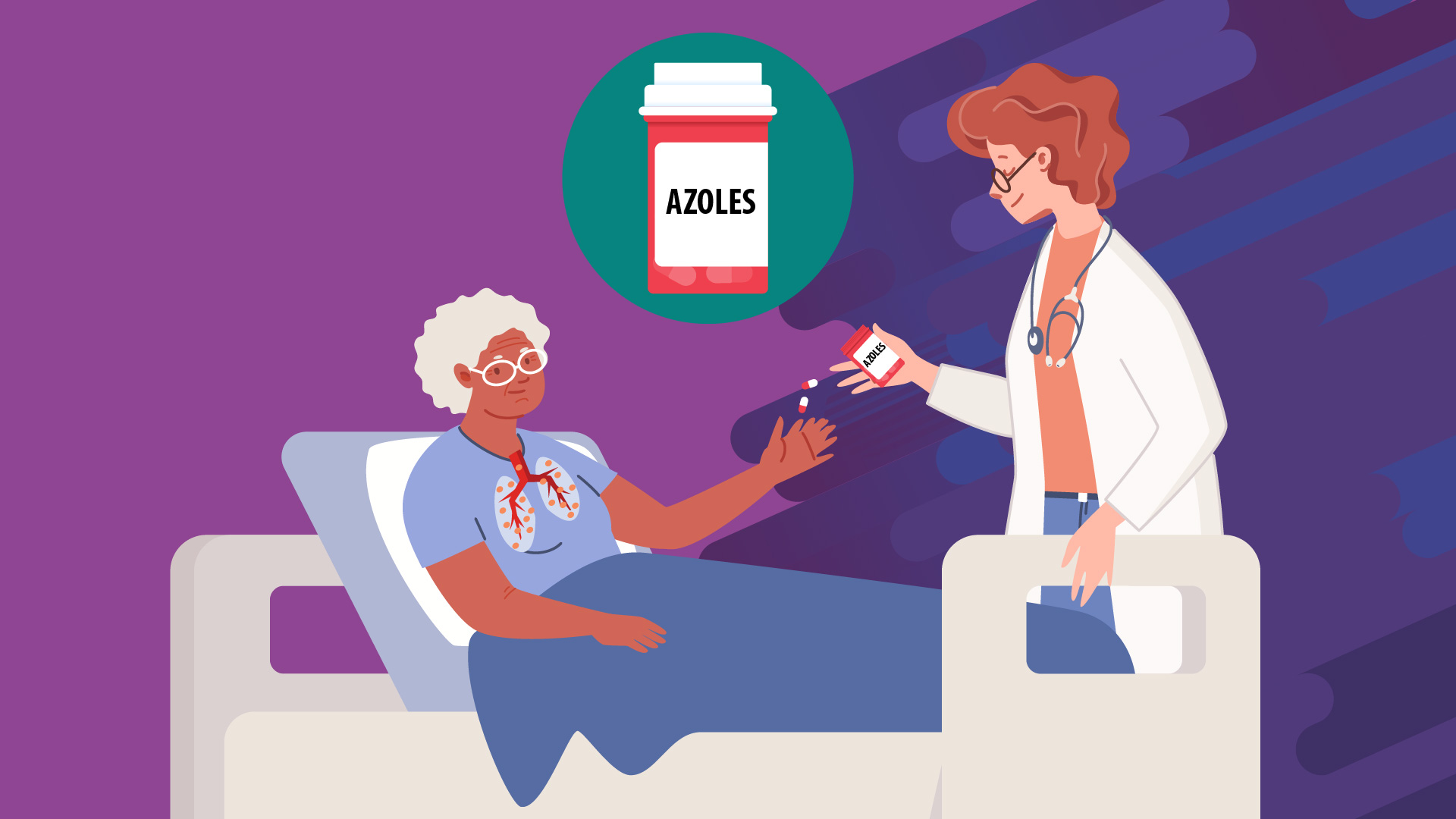 An older hospitalized patient has a dots or spores illustrated in her lungs to represent infection with aspergillus. A doctor is giving her azole antifungal treatment.