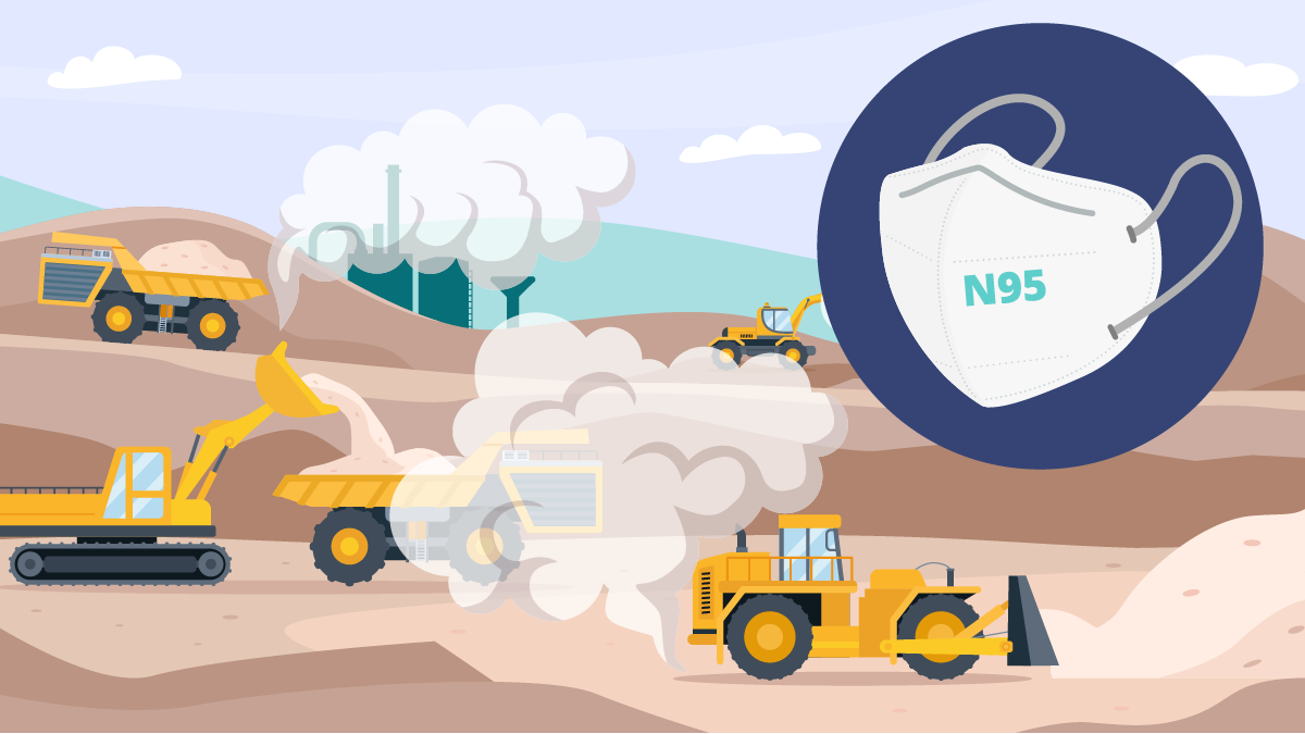 Construction site and N-95 Graphic illustration of a dusty construction site with an overlay circle showing an N-95 mask.