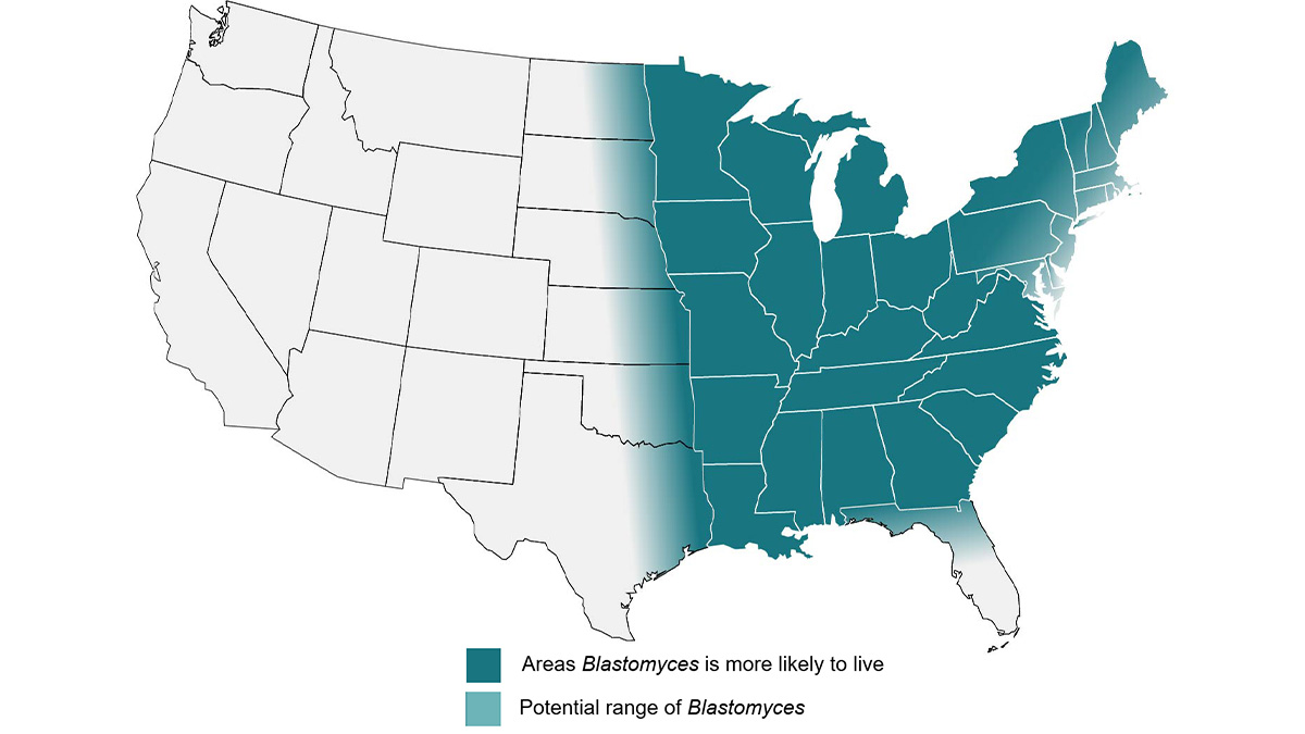 Map showing approximate area with the presence of Blastomyces in the U.S.