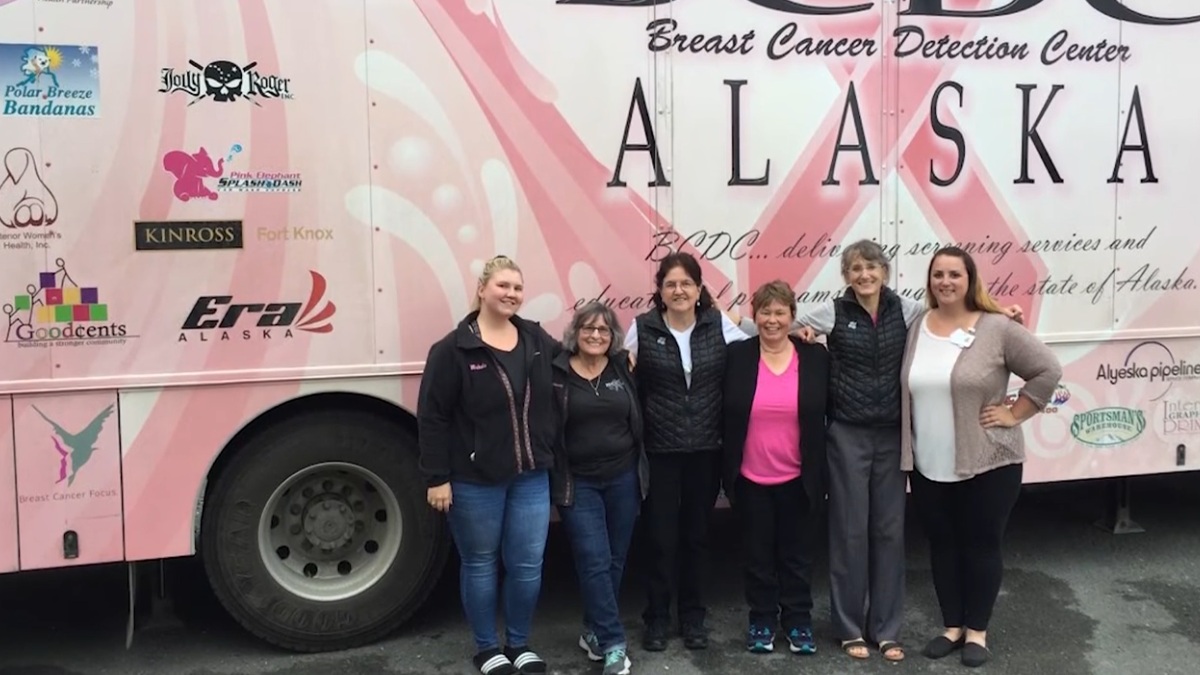 6 women standing in front of a mobile mammography van
