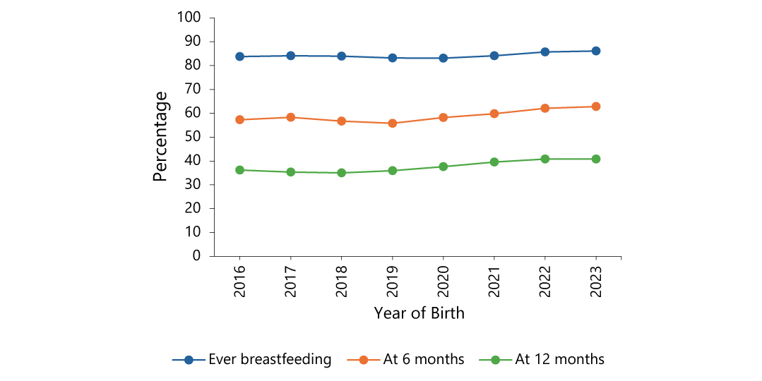 Percentage of children who were ever breastfed, breastfed at 6 months, and breastfed at 12 months, by birth year.