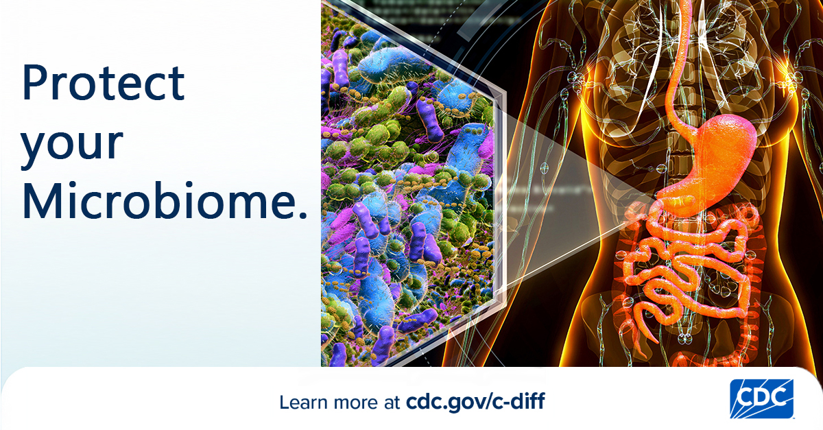 Graphic illustration of the gut microbiome, showing a human intestine filled with shapes representing healthy bacteria.