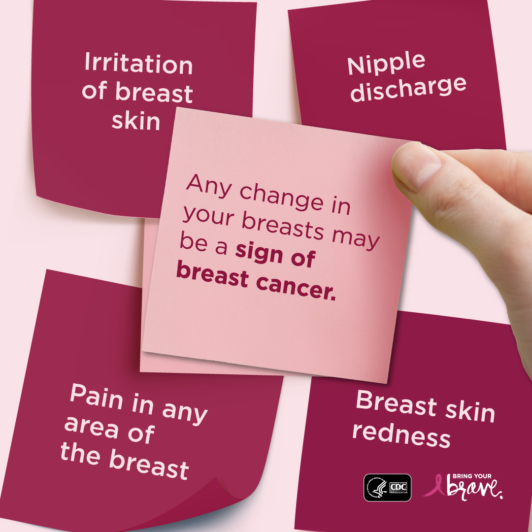 Square image: Any change in your breasts may be a sign of breast cancer, including redness or irritation of breast skin, nipple discharge, or pain.