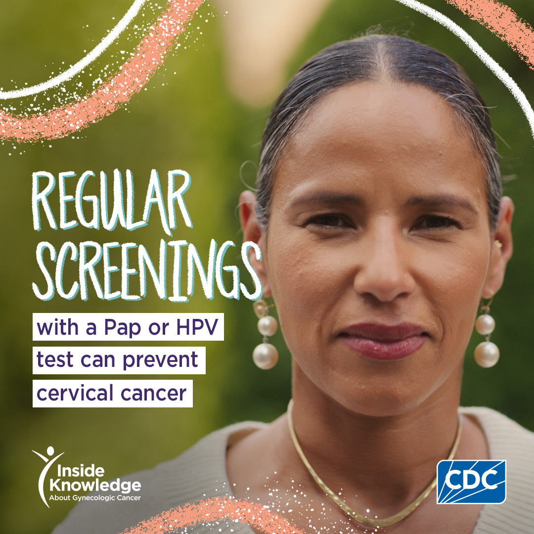 Square image: Regular screenings with a Pap or HPV test can prevent cervical cancer.