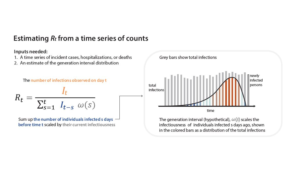 This figure shows how Rt can be calculated by using a time series of incident cases, hospitalization or deaths, and an estimate of the generation interval distribution.