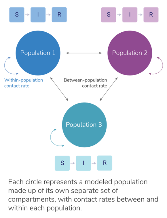 Diagram showing a metapopulation model with three connected populations.