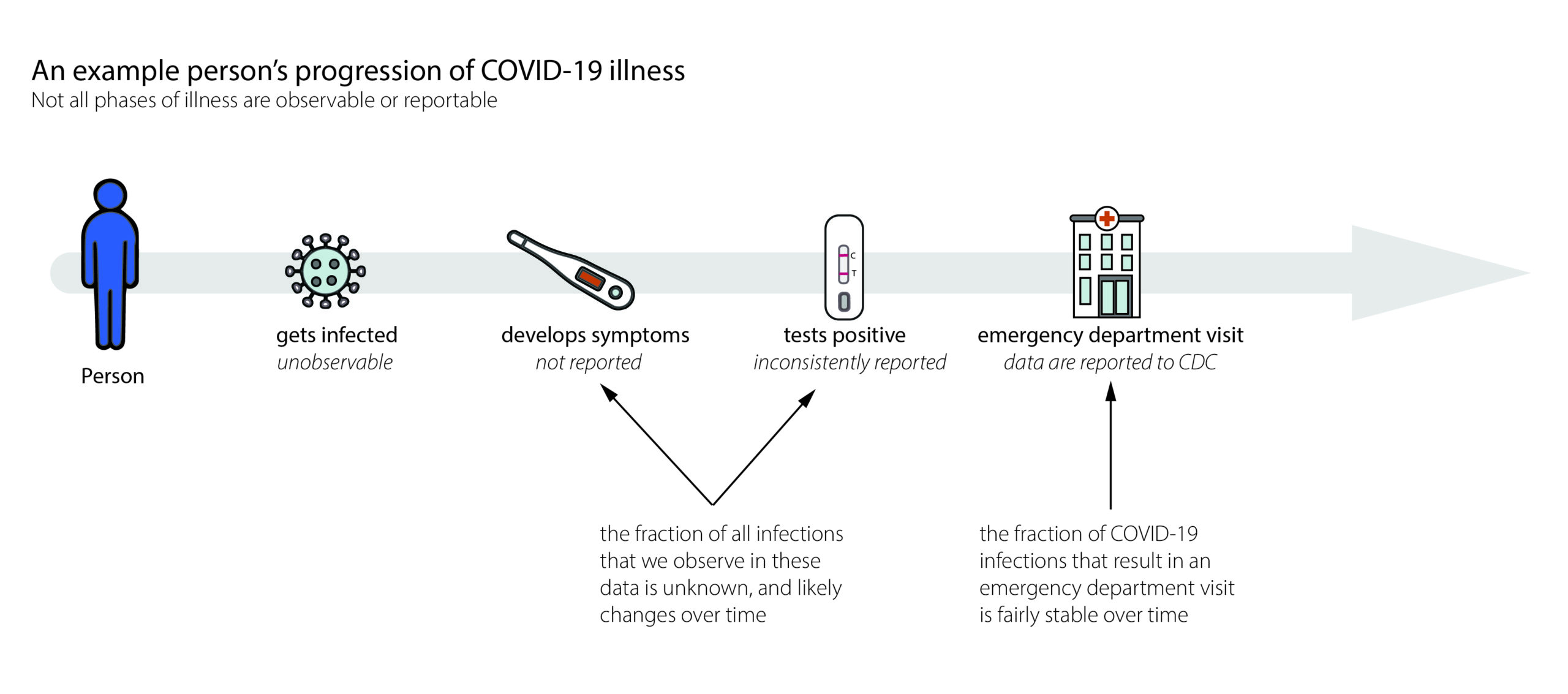 This diagram shows how reporting varies based on where a person is in their infection, from when they get infected to when they may visit the emergency department.