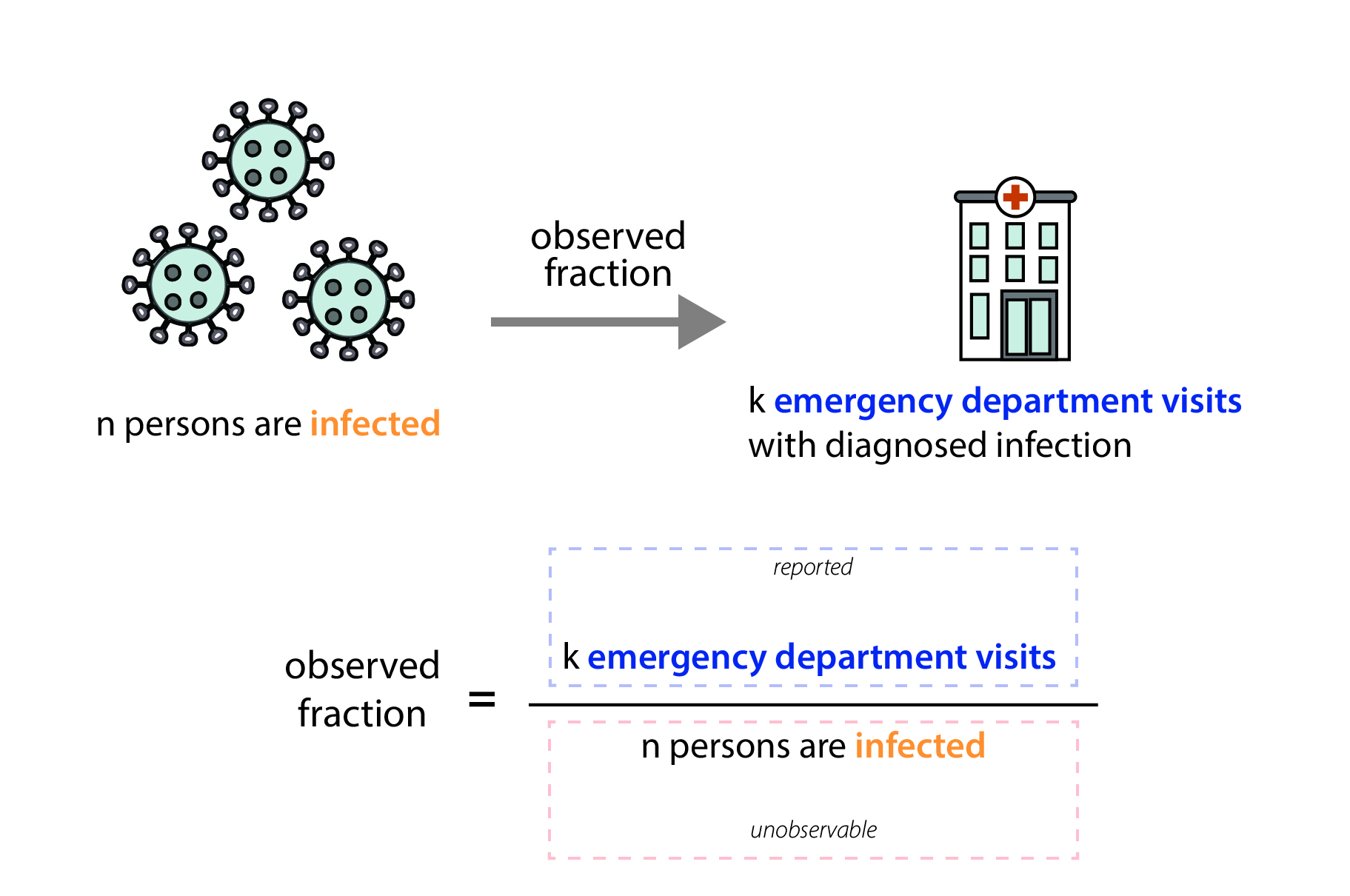 This diagram illustrates how the observed number of emergency department visits is a fraction of the total number of infected persons, some of which are unobservable.
