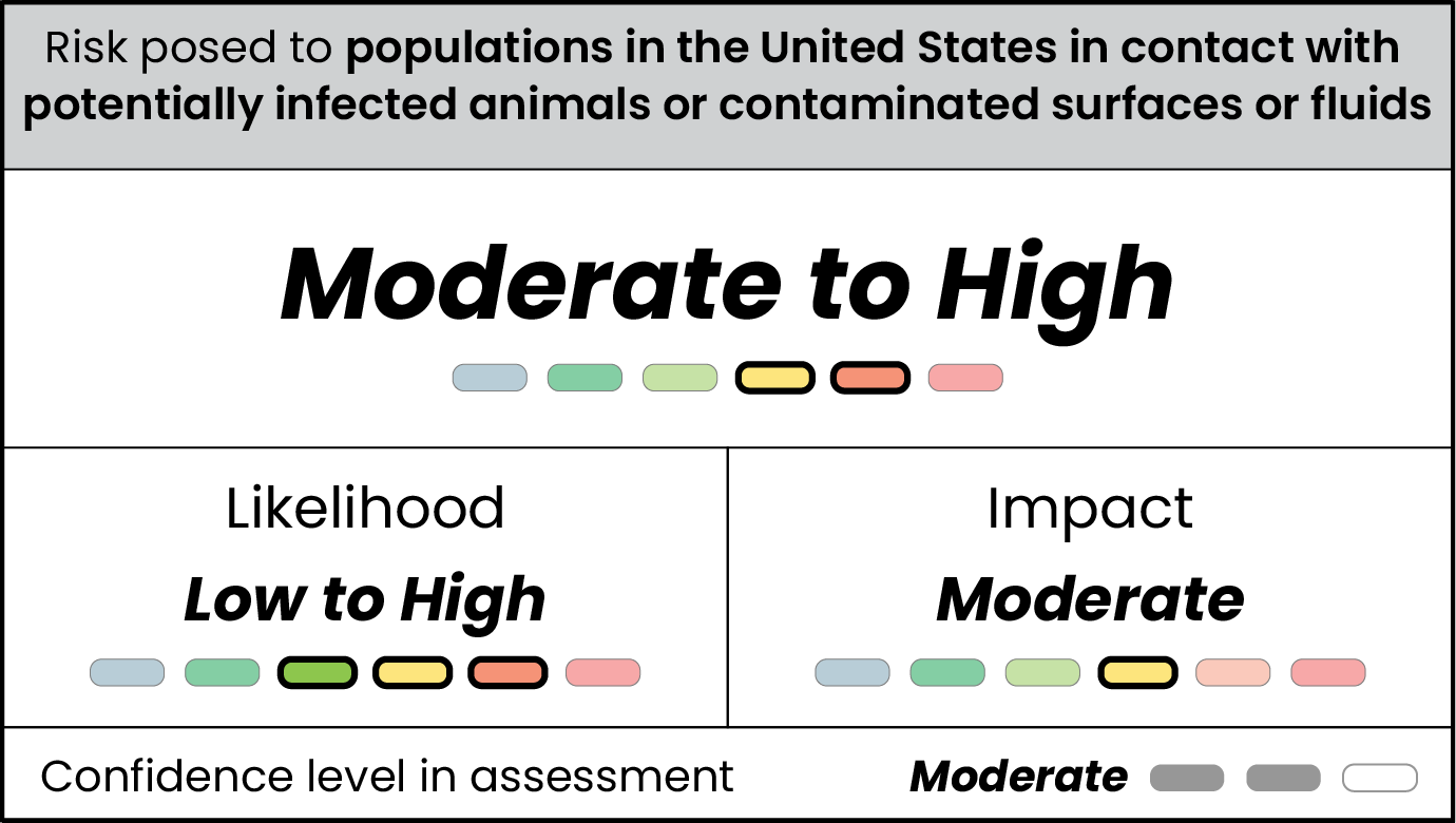 Table displaying low to high likelihood, moderate impact, moderate to high risk, and moderate confidence for risk posed to the general U.S. population by H5N1 viruses