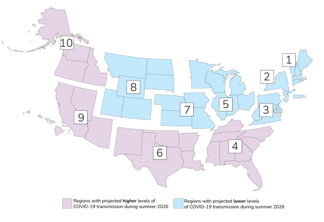 Map of U.S. HHS regions, colored by transmission level group.