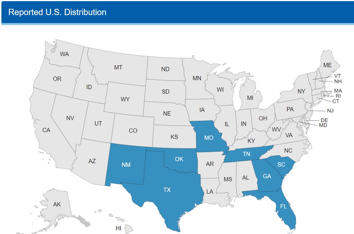 U.S. map highlighting FL, GA, MO, NM, OK, TN, TX and SC.