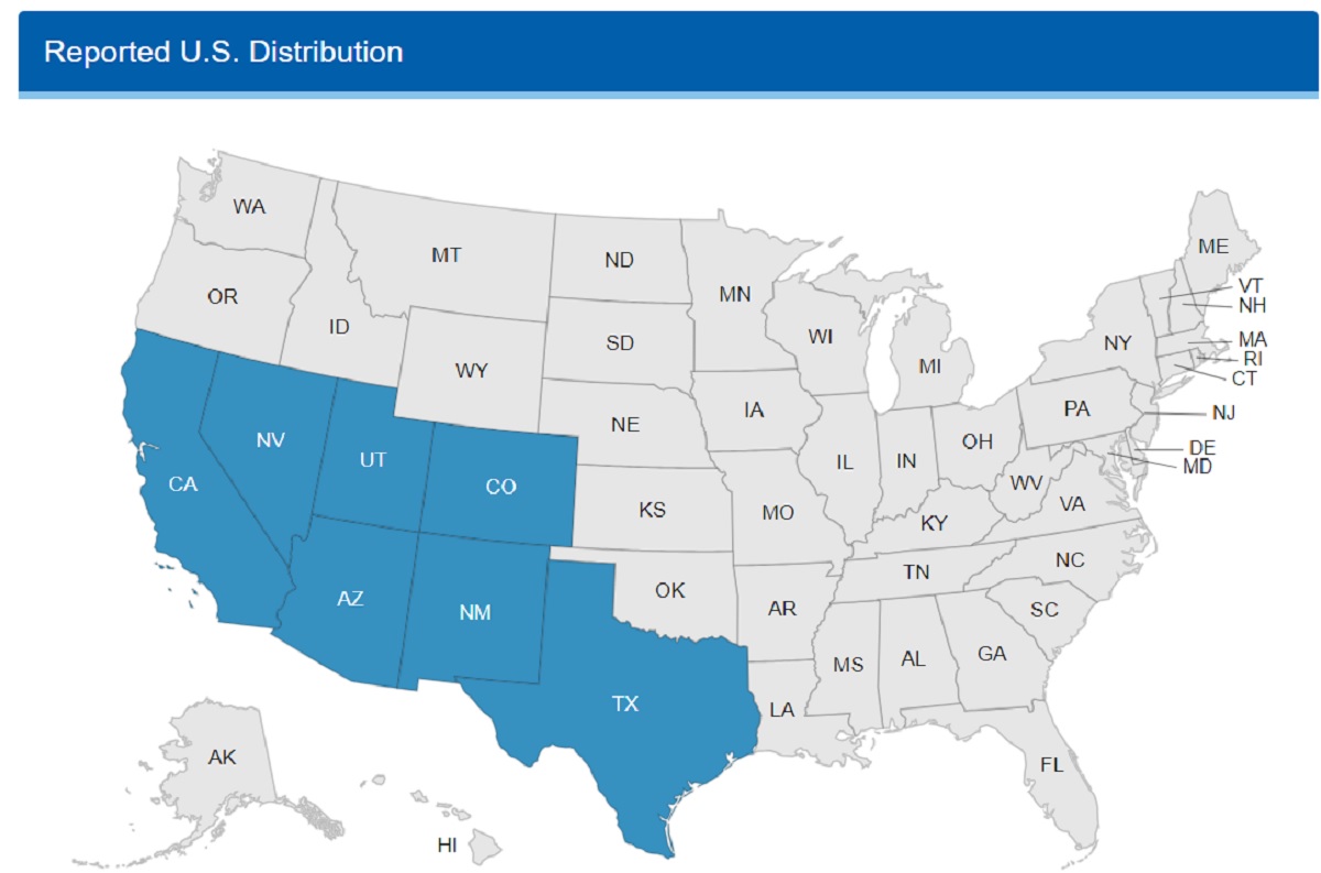Map highlighting Arizona, California, Colorado, Nevada, New Mexico, Texas, and Utah.