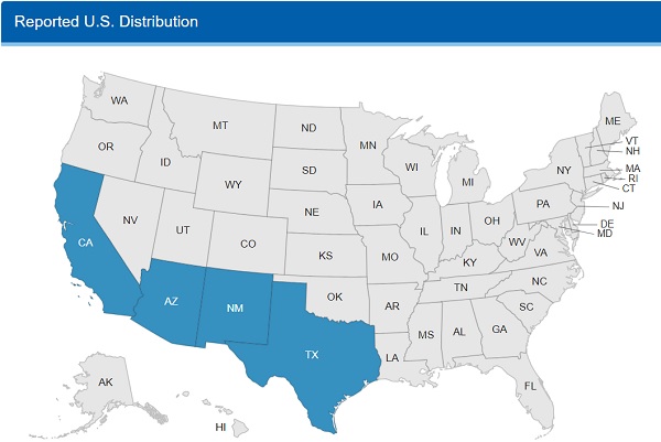 Map of California, Arizona, New Mexico, and Texas.