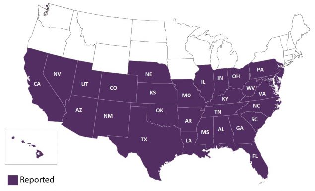Map of the United States with states highlighted in purple.