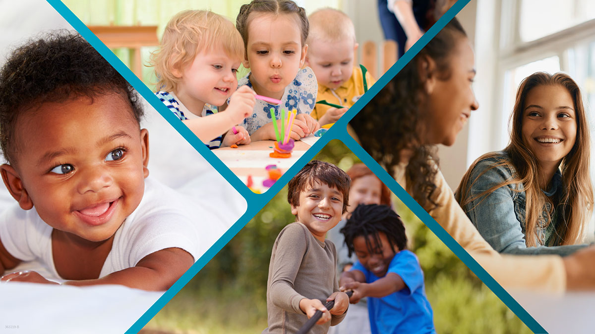 Collage of smiling children of different ages: baby, toddlers crafting, kids playing outside, and teens studying.