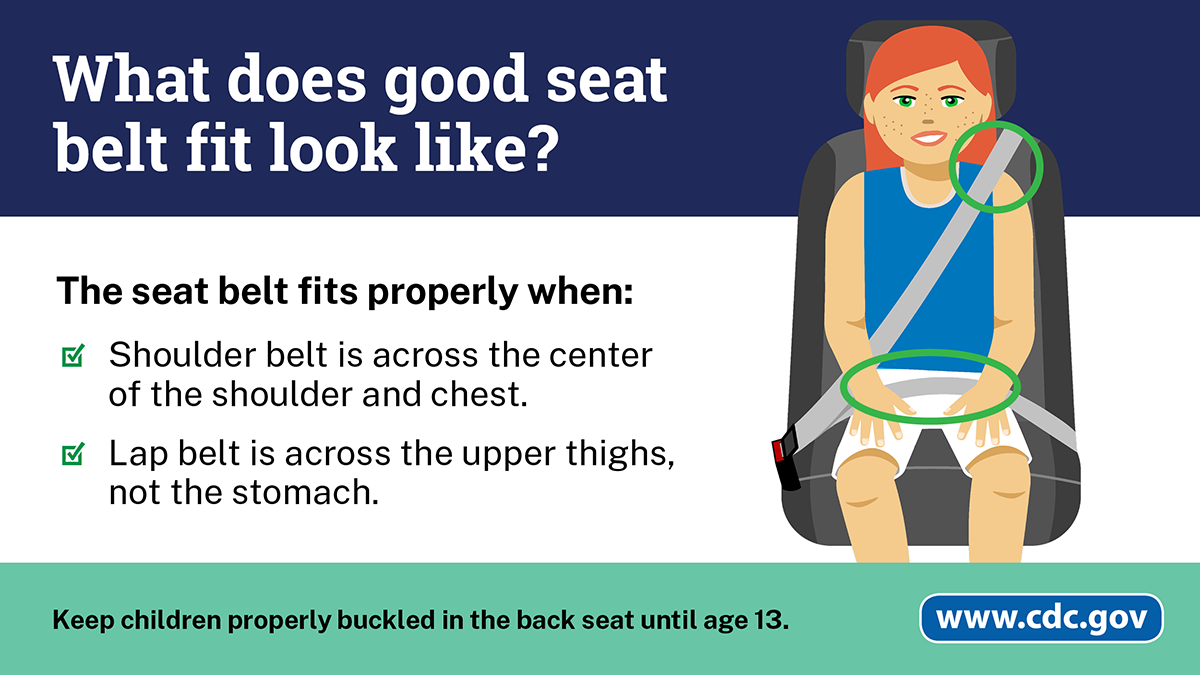 Example of a young girl with good seat belt fit without a booster seat. Her shoulder belt is across the center of her shoulder and chest, and her lap belt is across her upper thighs.