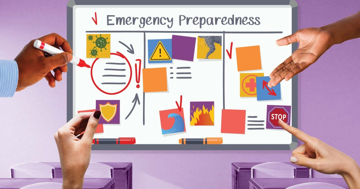 Whiteboard with different scribbles for school emergency