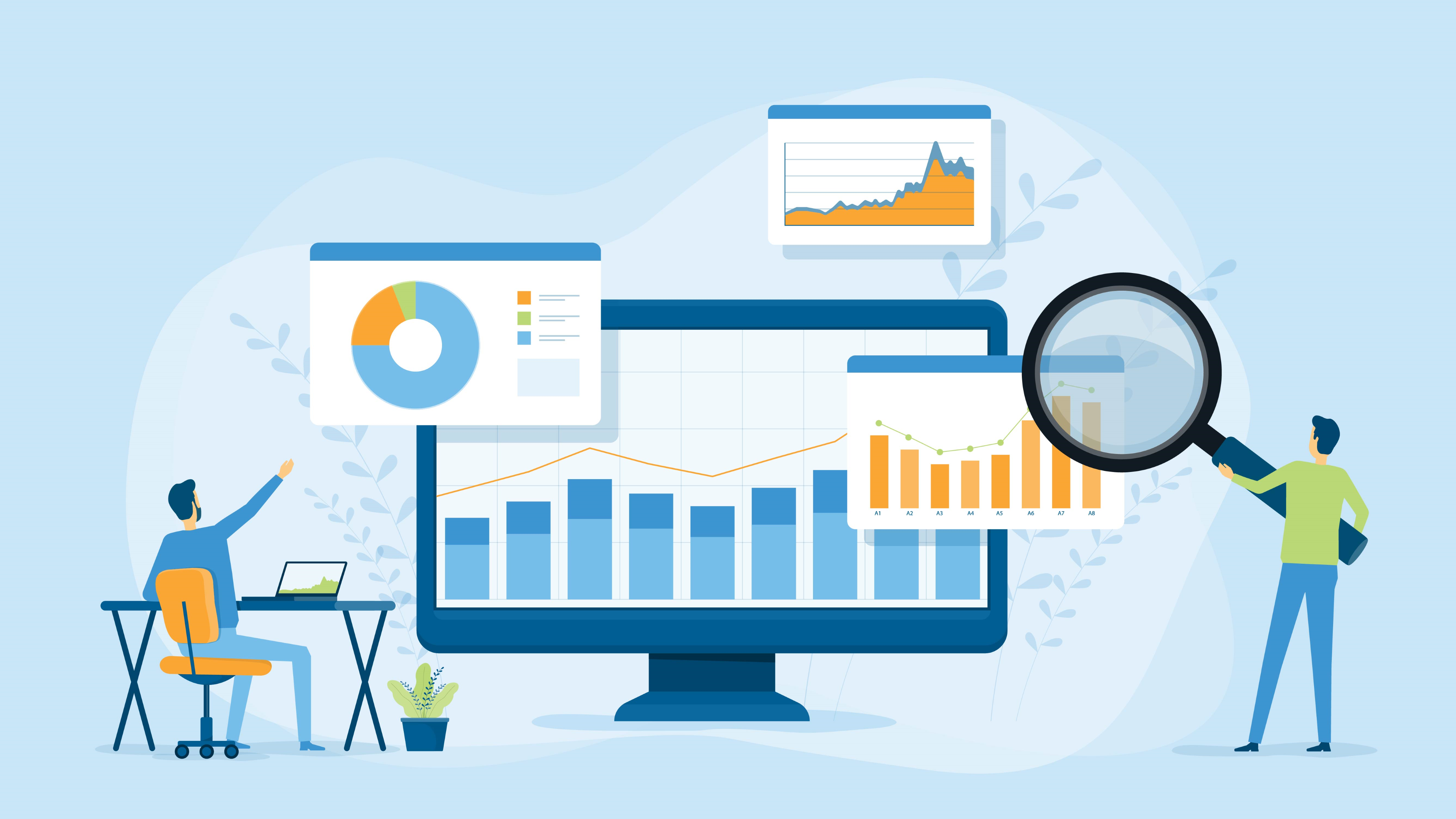 Data and Surveillance illustration of magnifying glass over computer bar graph with other graphs to represent data concepts