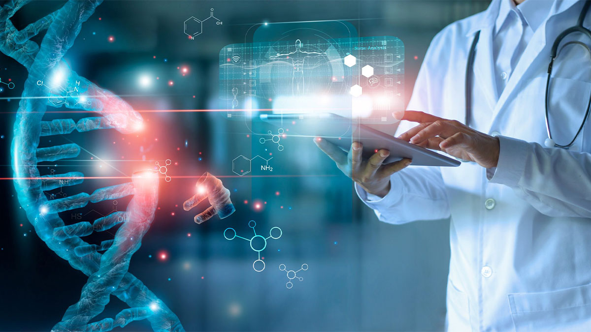 Digital library Doctor using tablet and check with analysis chromosome DNA genetic of human on virtual interface.