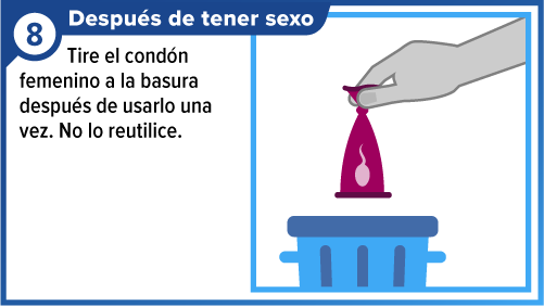 Mano botando a la basura el cond&oacute;n femenino usado.