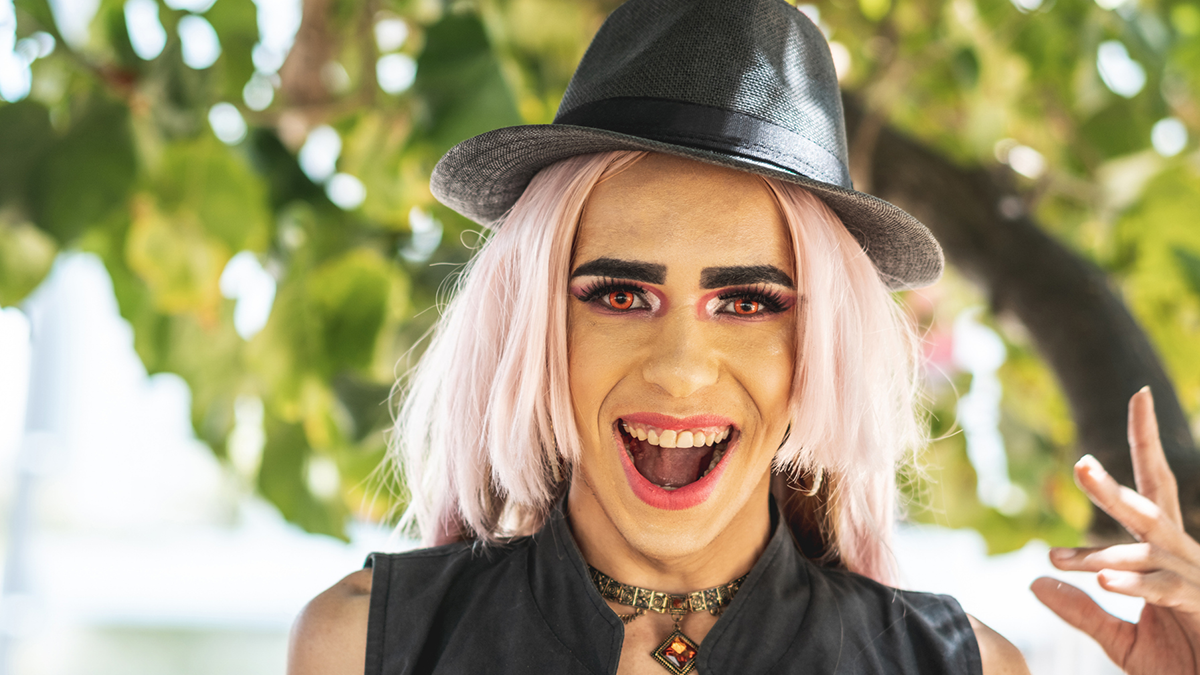 Person in a costume and wearing colored contact lenses